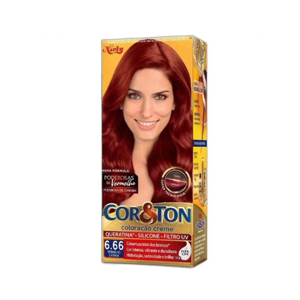 Embalagem da coloração Cor&Ton 6.66 Louro Escuro Vermelho da marca Niely com modelo e destaque para cor vibrante